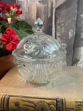 Vintage Pressed Glass Covered Candy Dish Sugar Bowl Trinket Dish